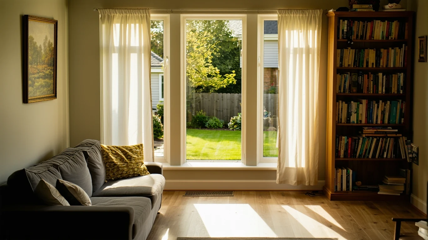 A sunlit living room with a couch and bookshelf in a Fairfield home.