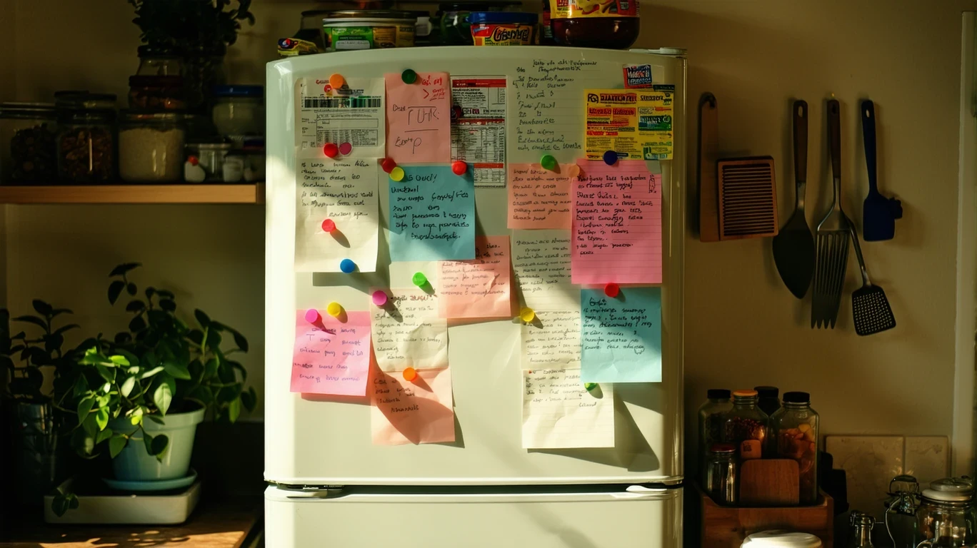 A fridge door covered in handwritten budget notes and coupons held by magnets.