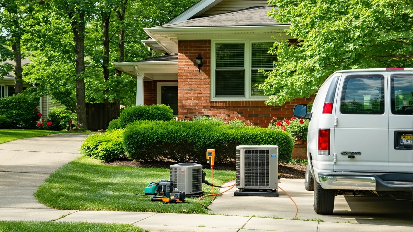 HVAC technician servicing outdoor AC unit at suburban home on sunny day.