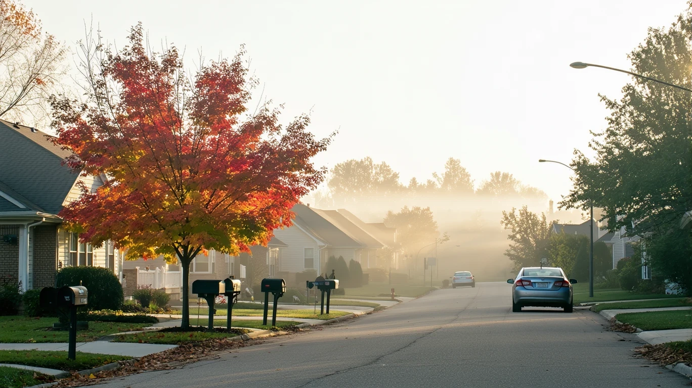A misty suburban street with mailboxes, an older sedan, and a maple tree.