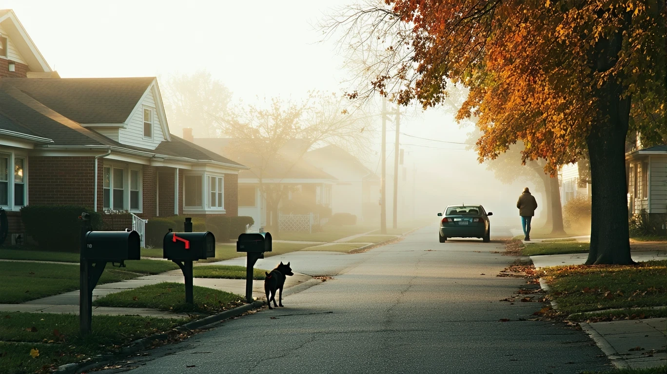 A foggy morning street in a Fairfield, Ohio suburb with brick homes, mailboxes, a parked car, and a person walking their dog.