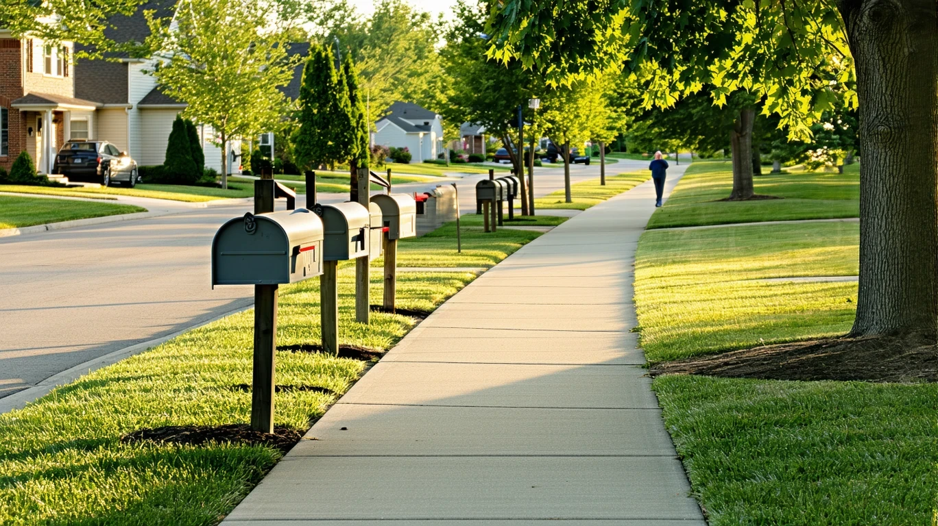 A sunny suburban sidewalk in Fairfield, Ohio with several mailboxes and a pedestrian walking in the distance.