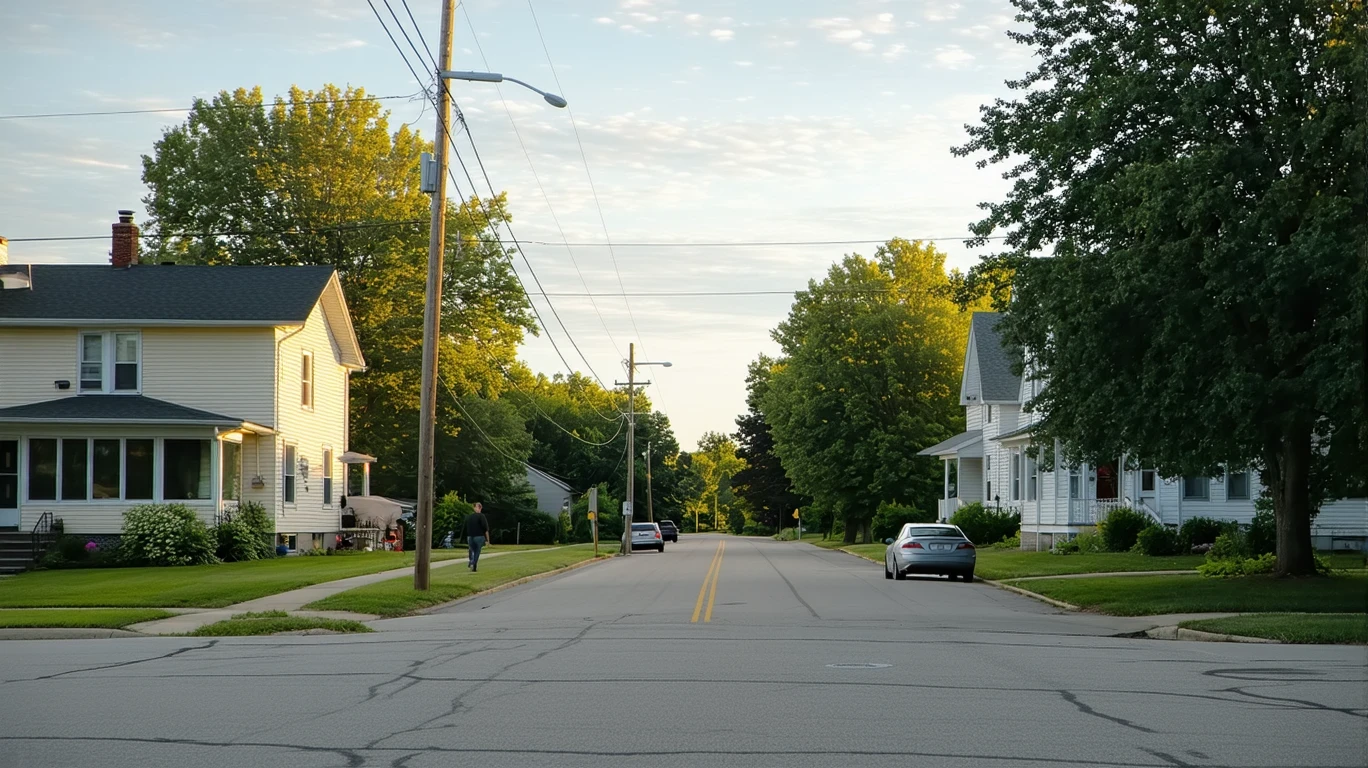 A quiet residential street corner in Fairfield, Ohio with two modest homes, patchy lawns, an older parked car, and a pedestrian walking in the distance on a warm, partly cloudy afternoon.