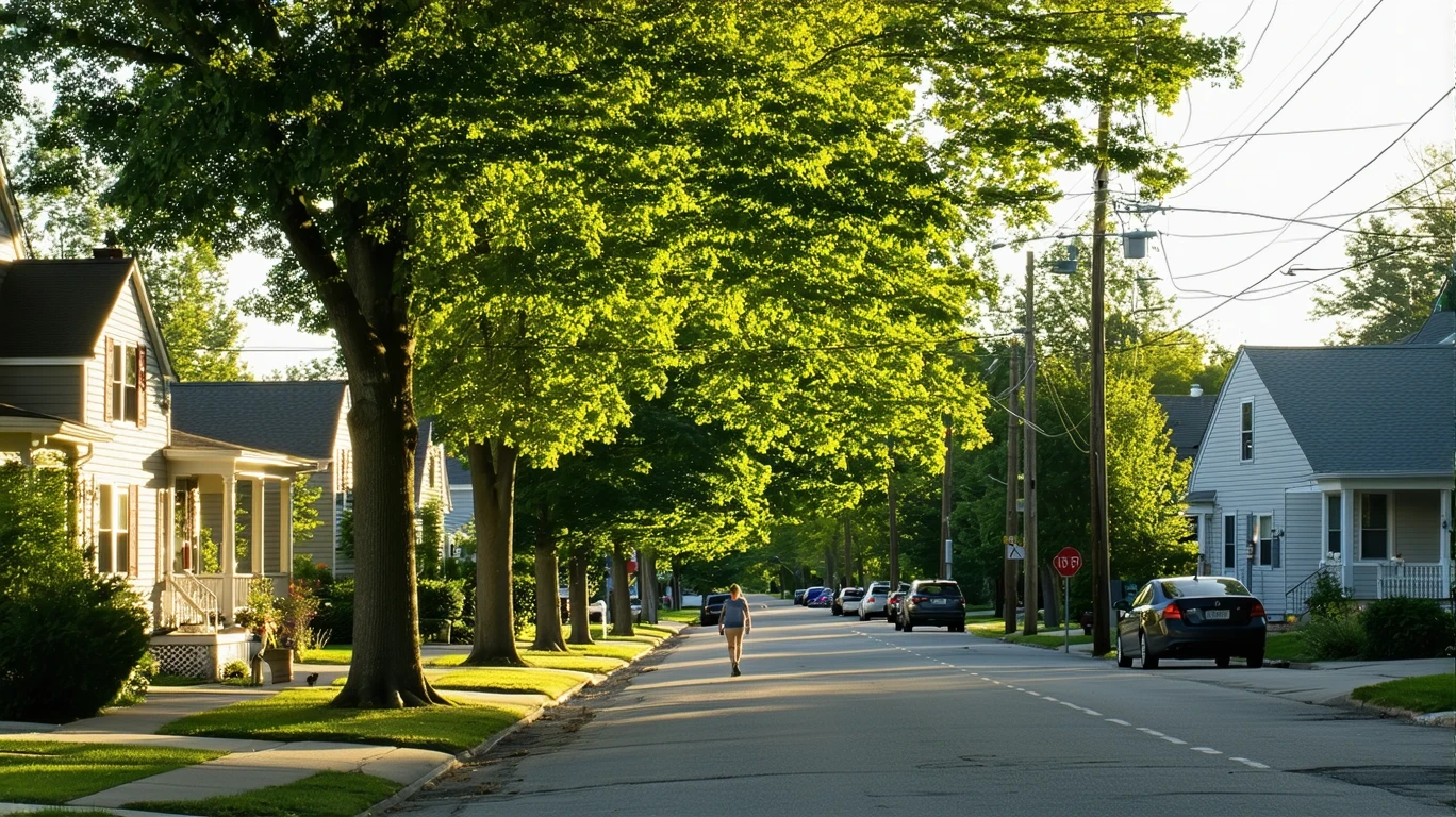A sunny residential street in Fairfield, OH lined with maple trees and tidy homes.