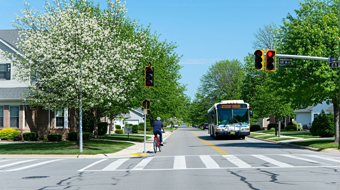 A city bus approaches a crosswalk where a cyclist waits, on a sunny suburban street lined with tidy homes and trees.
