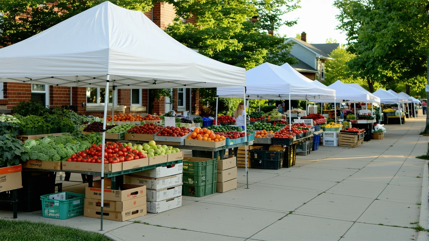 Vendors setting up produce stands at a suburban farmer's market on a sunny morning.