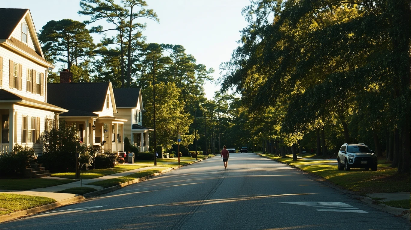 A tree-lined residential street in Fayetteville, GA with one-story homes and a pedestrian on the sidewalk, just after sunrise.