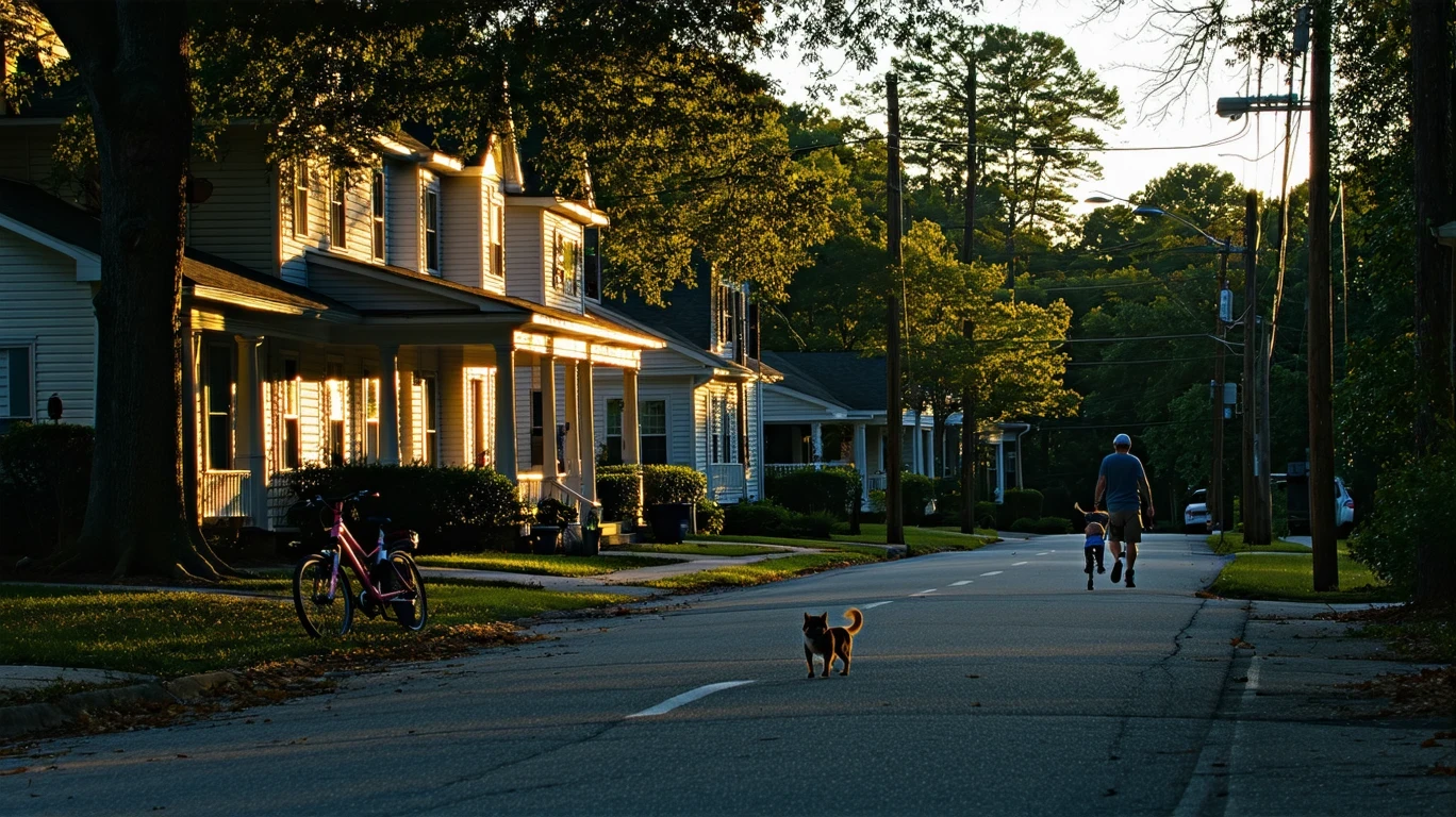 A cul-de-sac in Fayetteville, GA at dusk with porch lights, a bicycle, and a person walking a dog.