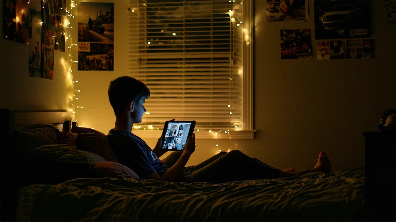 Teenage boy lounging on bed looking at tablet, room lit by warm lamps and fading daylight from window in suburban home bedroom