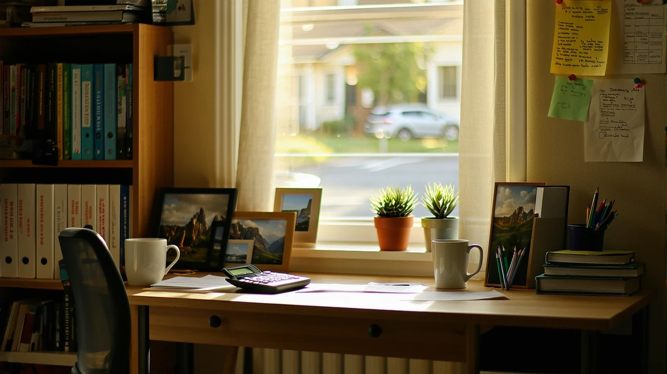 A cluttered desk by a window with bills, a calculator, and coffee mug.