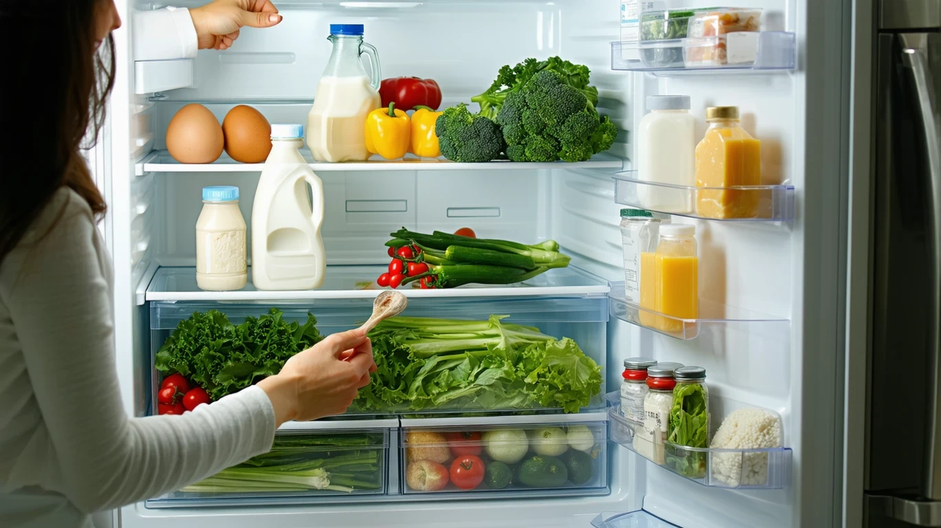 An open refrigerator stocked with common groceries like milk, eggs, and produce.