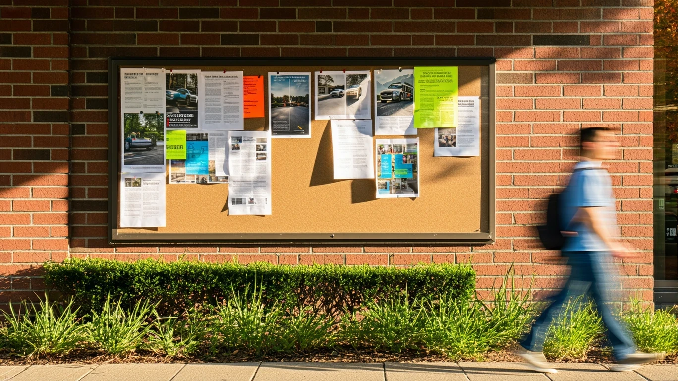 A corkboard with event flyers and bus schedules pinned to a brick wall outside a transit center, with a person walking by on the sidewalk.