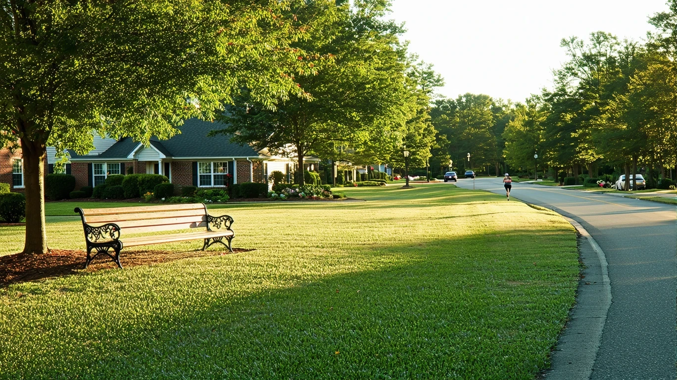 A view of a neighborhood park in Fayetteville, Georgia with trimmed hedges, a bench, and surrounding homes on a sunny afternoon.