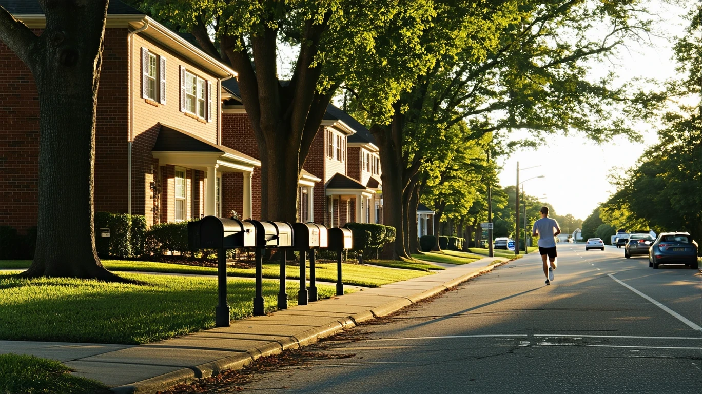 A morning view of a residential street in Roswell, Georgia with brick homes, mailboxes, and a jogger on the sidewalk.