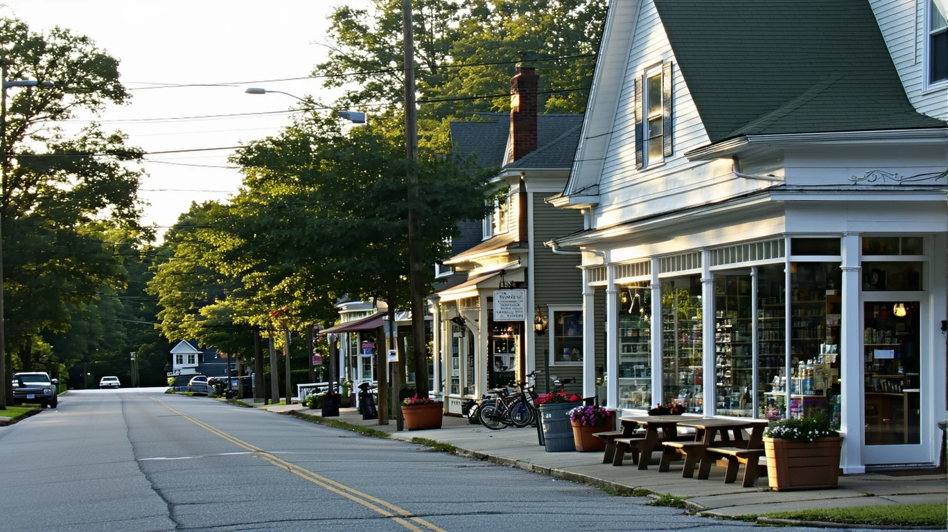 A row of small local shops next to a residential street in Fayetteville, Georgia at dusk.