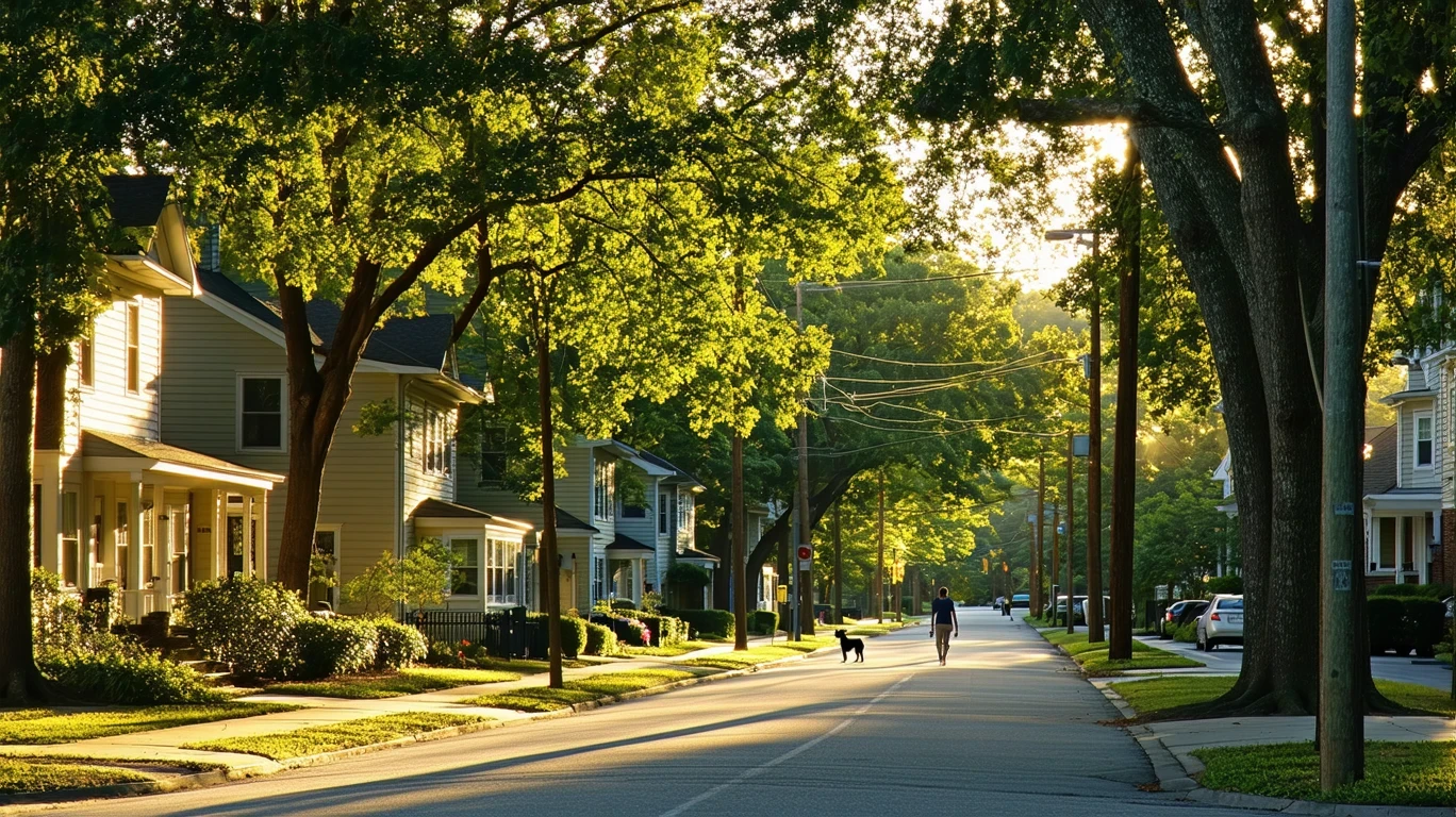 A sunlit residential street in Fayetteville, GA lined with maple trees and tidy single-family homes.