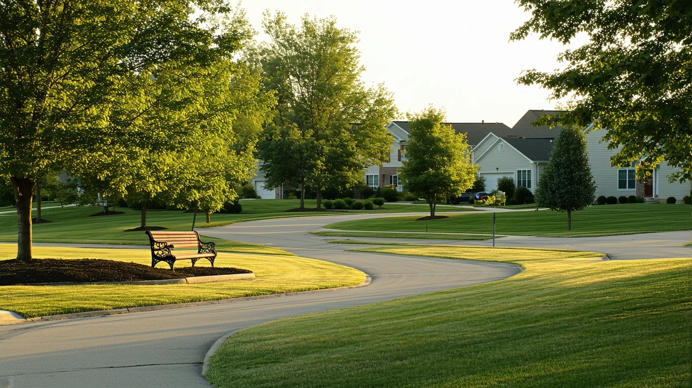 A view of a well-maintained neighborhood park in Fishers, Indiana with trimmed hedges and a bench near a path, framed by trees and homes.