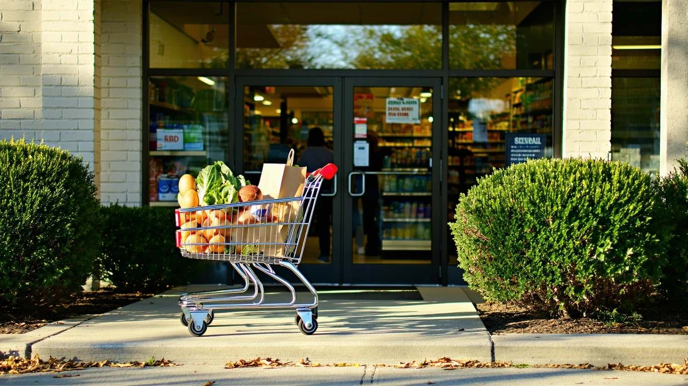 A half-full grocery cart at the entrance of a local market in Fishers, Indiana on a sunny day.