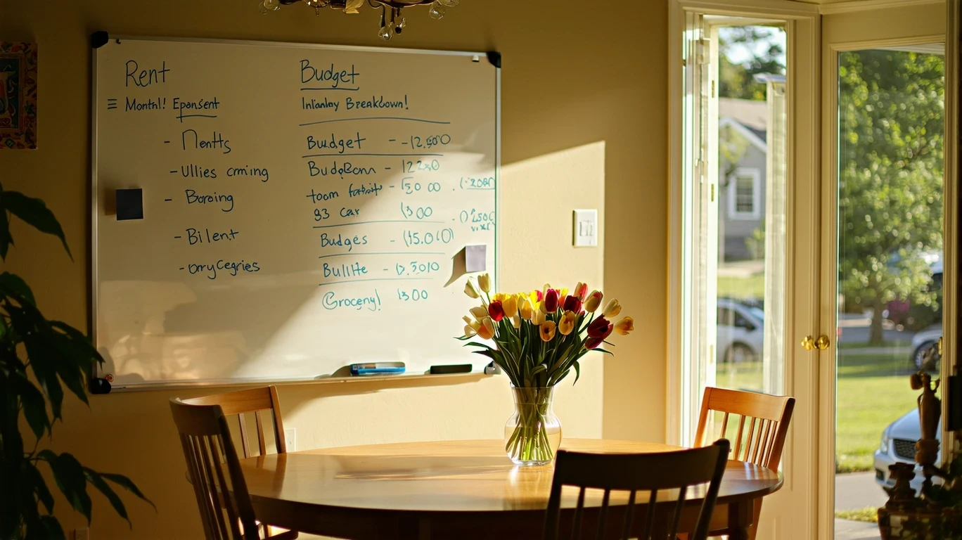 Handwritten monthly budget on a whiteboard in a dining room of a suburban home.