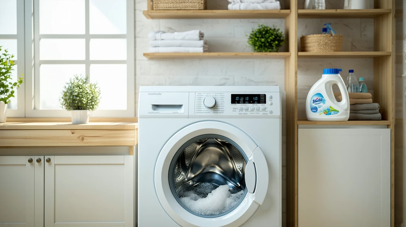 A top-loading washing machine running with the lid open, detergent bottle on a shelf in a tidy laundry room.