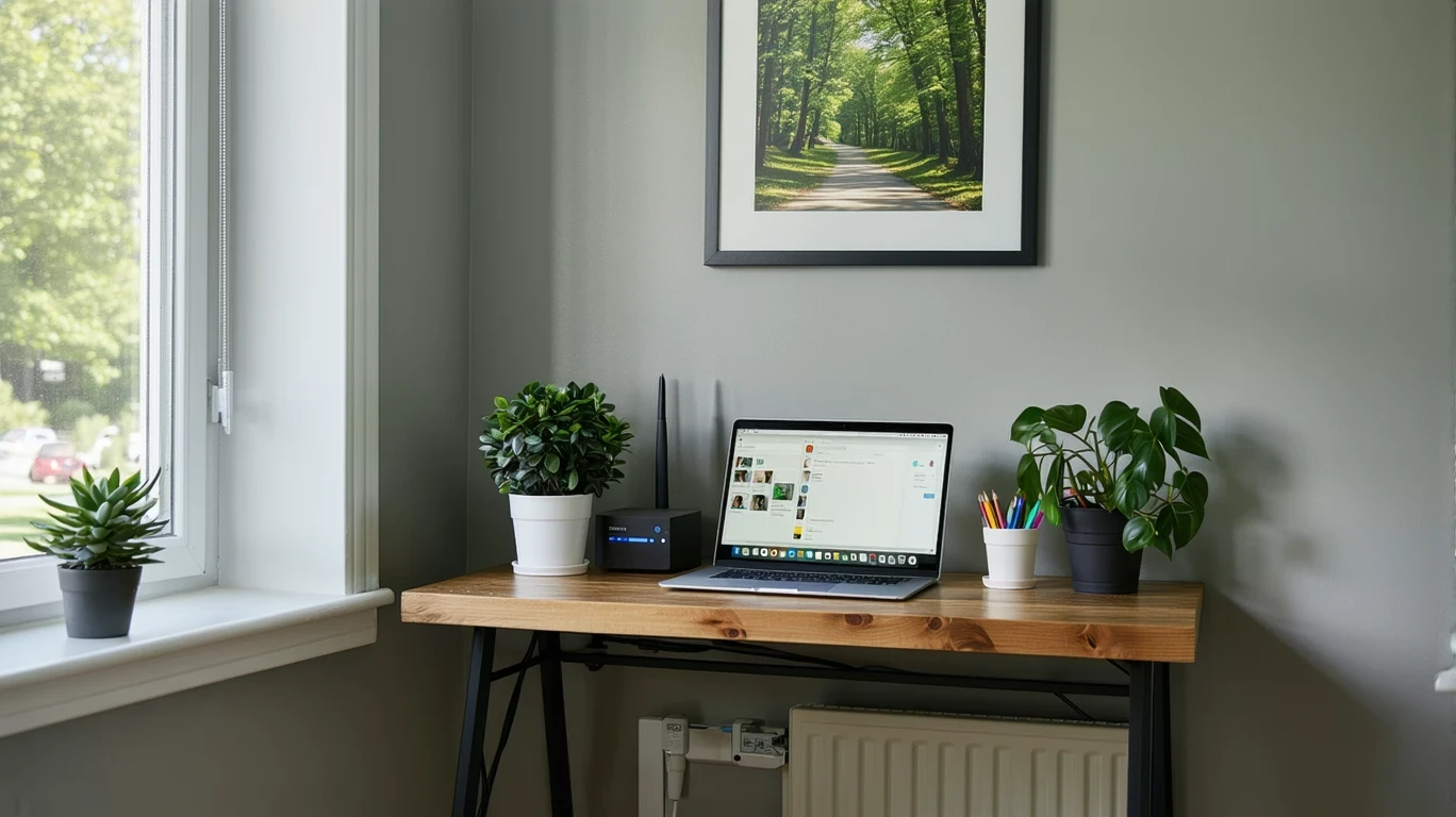 A home office corner with an ethernet cable connecting to a modem and router on a desk.