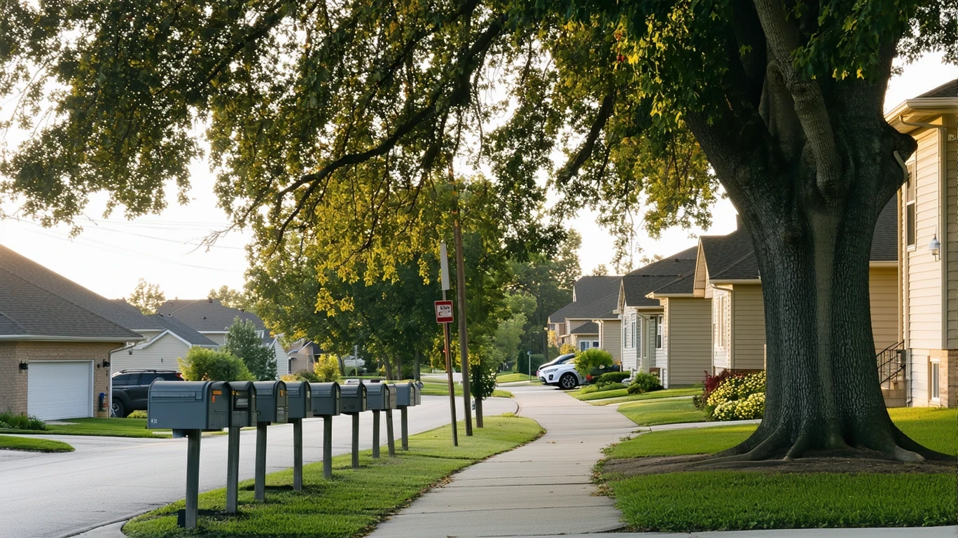 A view down a suburban street in Florence, Kentucky on a cloudy day, with a curved sidewalk, mailboxes, and modest homes.