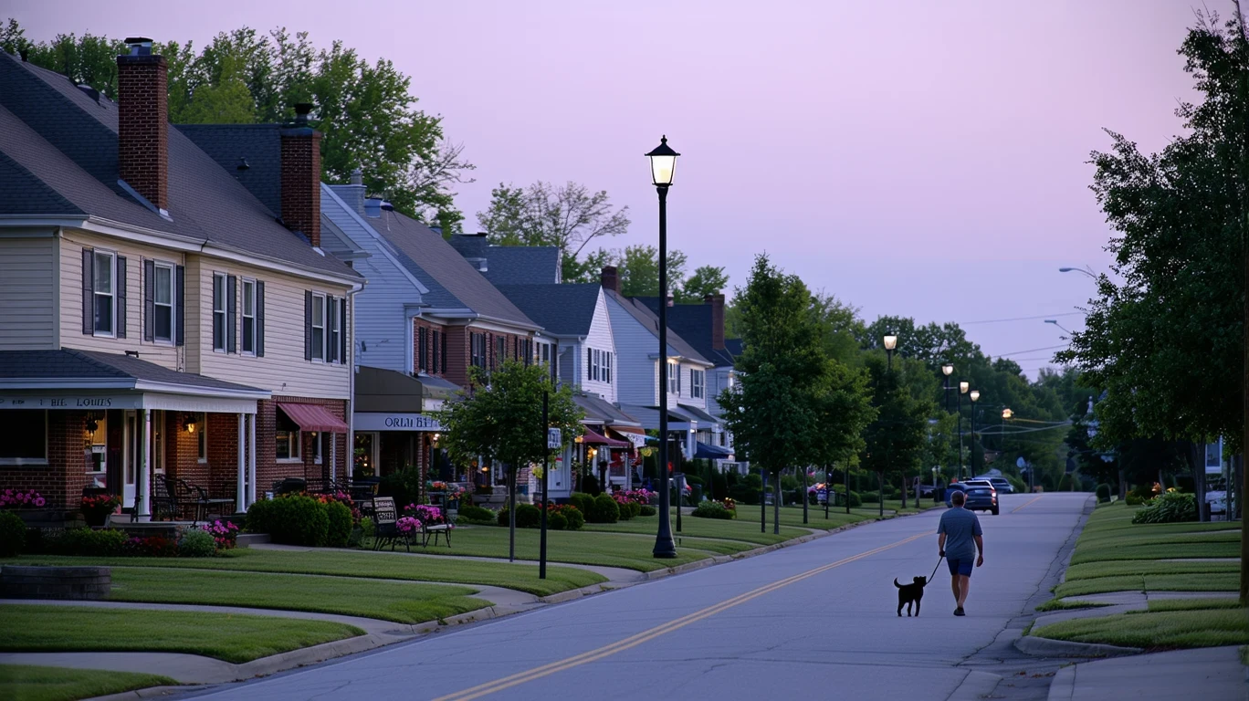 A quiet suburban street in Florence, Kentucky at dusk, with modest homes and a strip of local shops with empty patios.