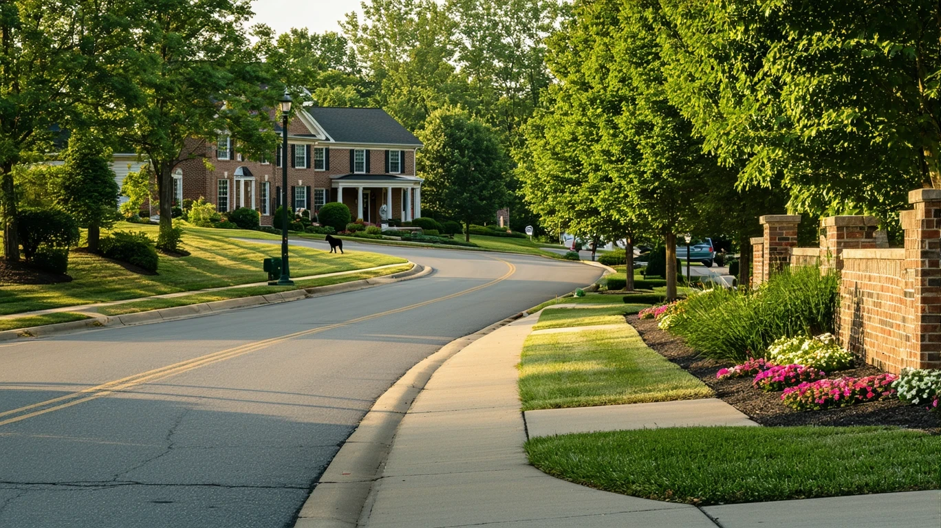 A suburban cul-de-sac in Florence, Kentucky lined with brick homes and native landscaping on a sunny morning.