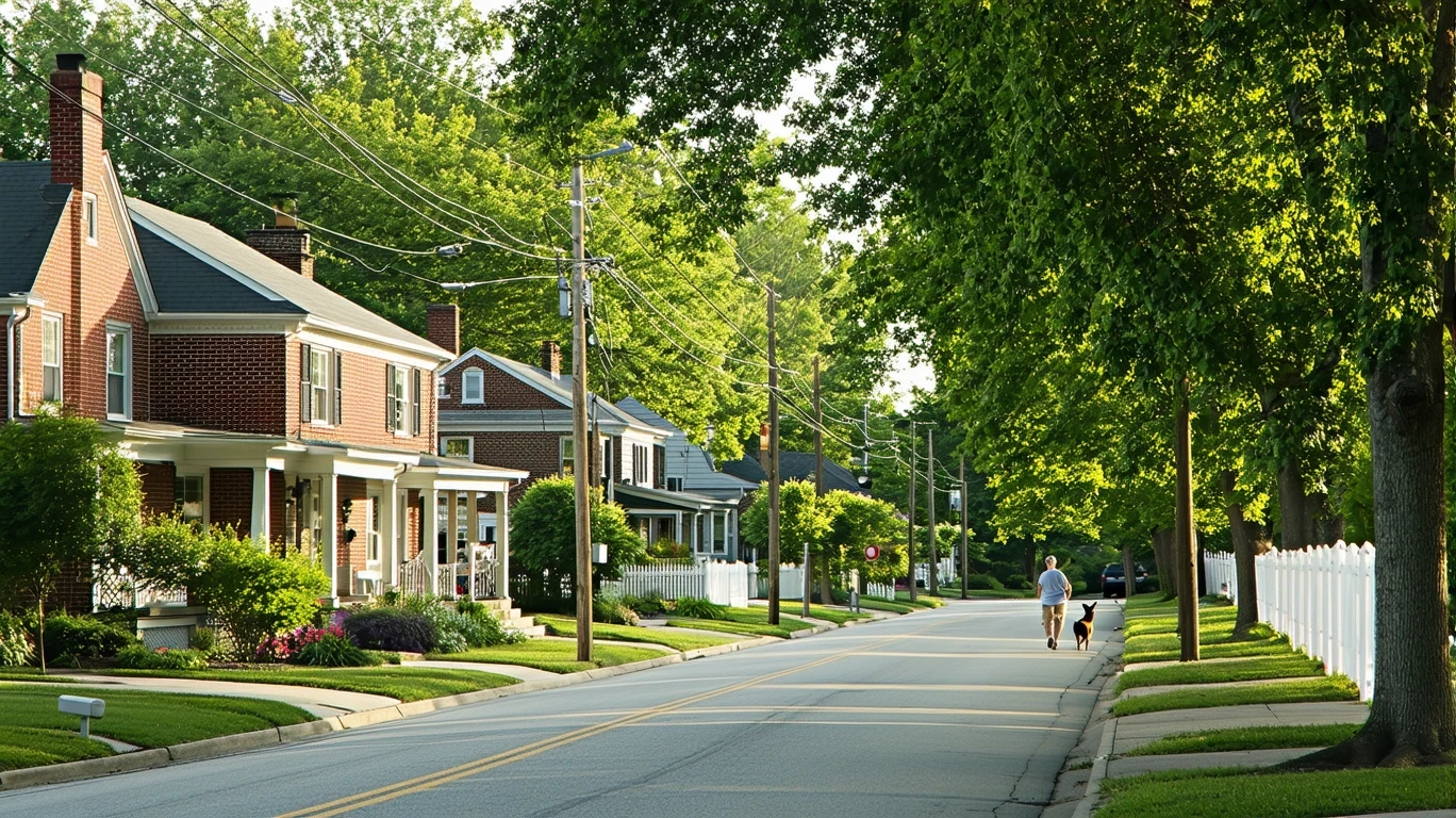 A sunny residential street in Florence, Kentucky lined with maple trees and tidy homes.
