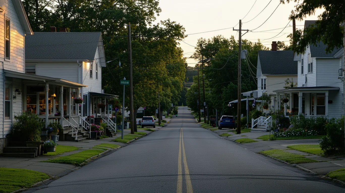 A residential street in Florence, Kentucky at dusk, with small ranch homes and local storefronts visible.