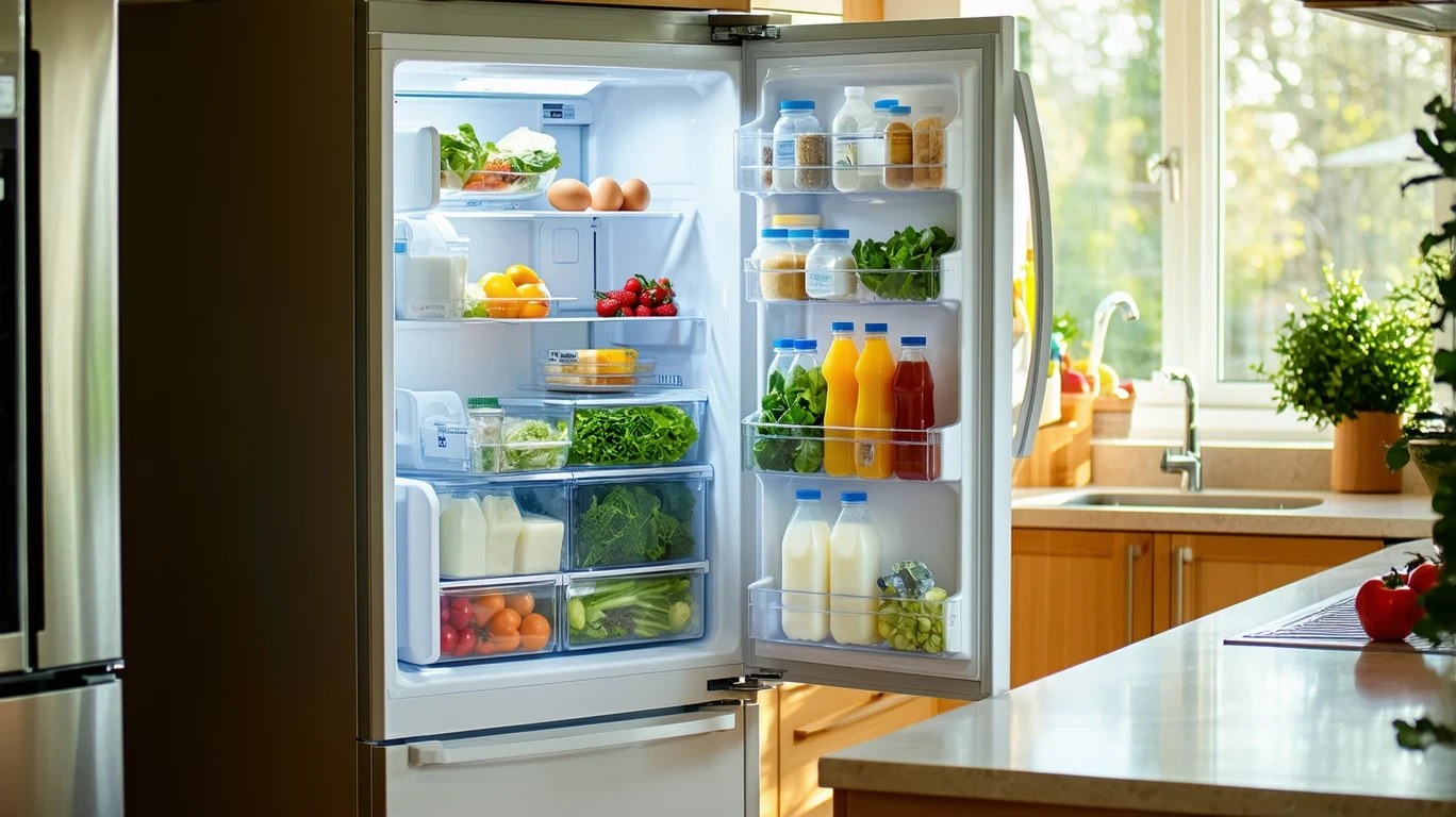 An open refrigerator stocked with milk, eggs, produce and other groceries in a modern kitchen.