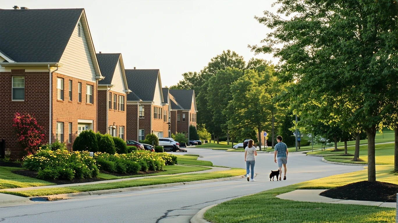 Suburban cul-de-sac street in Florence, Kentucky on a sunny morning, with brick homes, landscaped yards, a couple walking a dog.