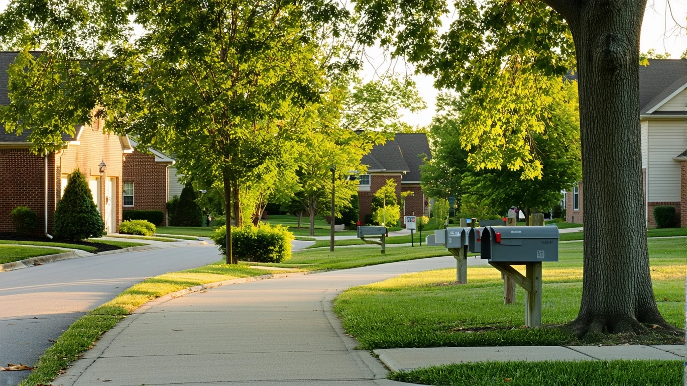 A sunlit sidewalk curving past gray mailboxes in a tidy Kentucky suburb, with trees and brick homes visible.