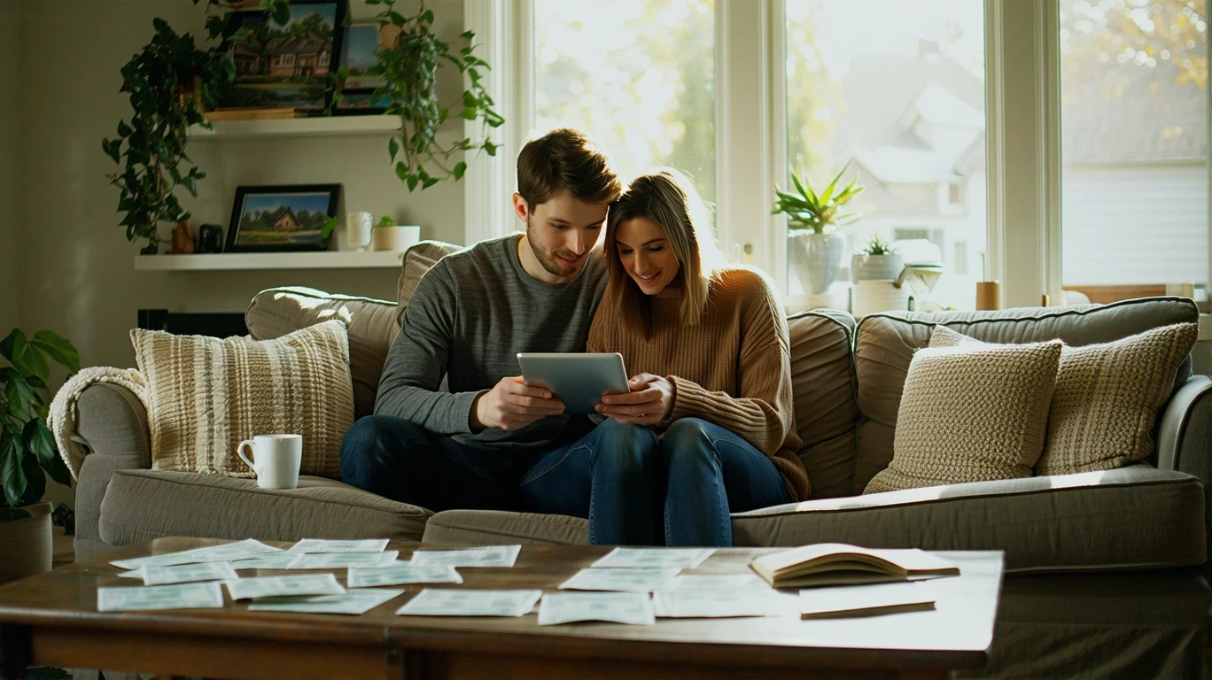 A couple reviewing their monthly budget on a tablet and bills while sitting on the couch in their home.