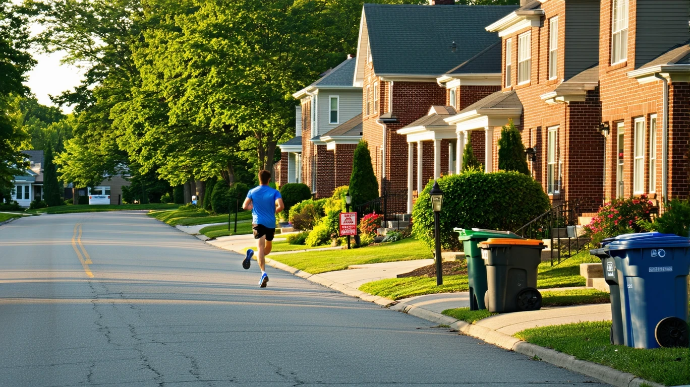 A suburban street in Florence, Kentucky with brick homes, recycling bins by the curb, and a jogger running past.