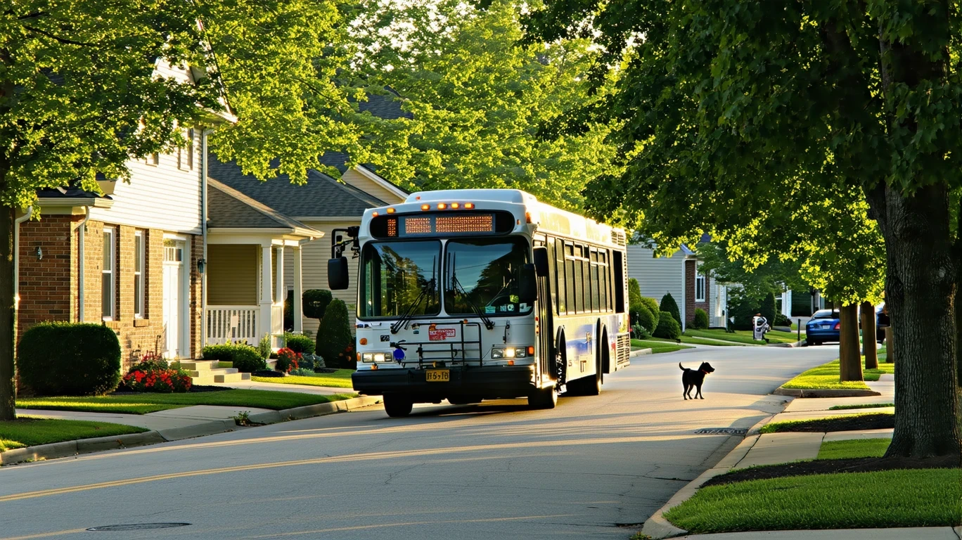 A city bus driving past single-story homes on a tree-lined street in Florence, Kentucky.