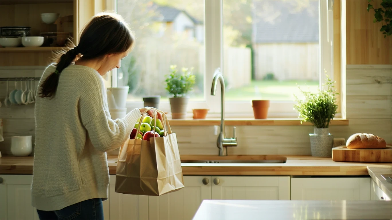 Person unpacking groceries including apples and bread in a sunlit kitchen