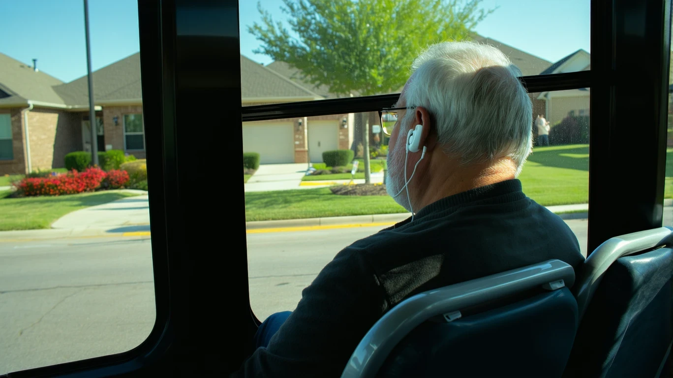 A man wearing earbuds sits on a city bus, looking out the window at passing trees and homes reflected in the glass.