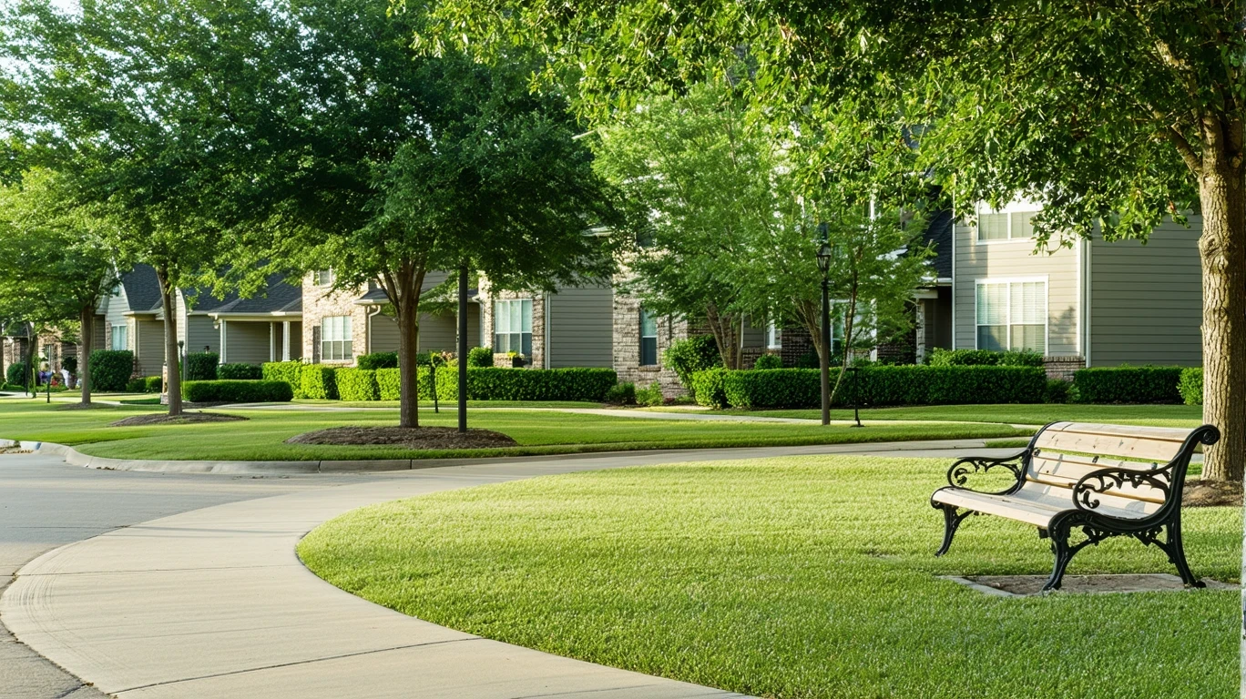 A view of a neighborhood park in Flower Mound, Texas with a path, bench, and homes visible across the street on a sunny day.