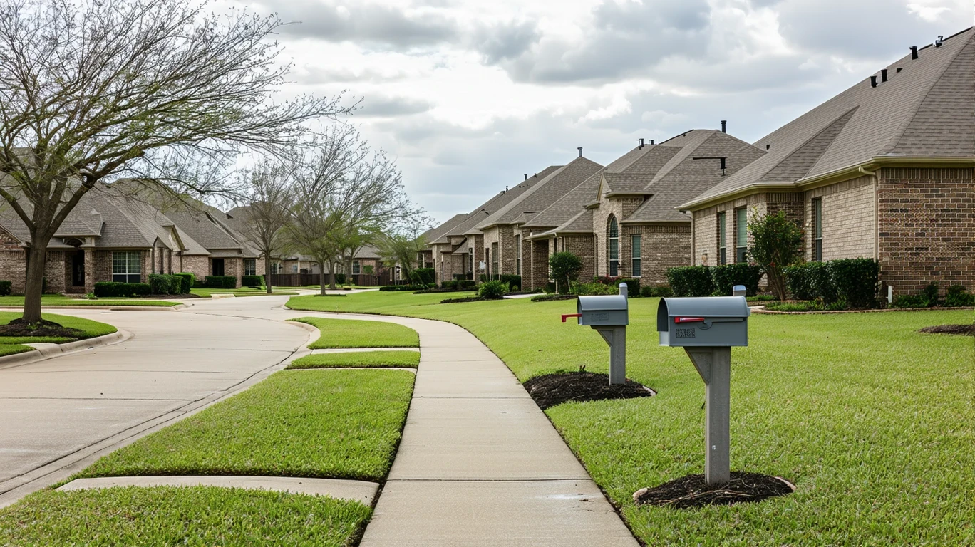 A view of a neighborhood sidewalk curving past mailboxes and homes in Plano, Texas on a cloudy day.