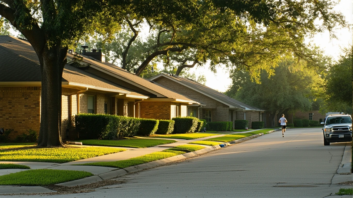 Residential street in Flower Mound, TX with one-story homes and trees in morning light.