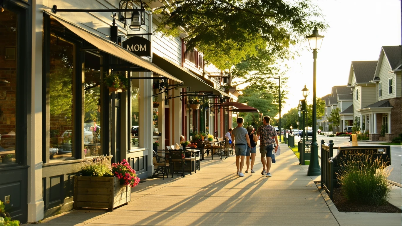 Quaint storefronts beside a residential street in Flower Mound at dusk, with a few people walking and trees framing the scene.
