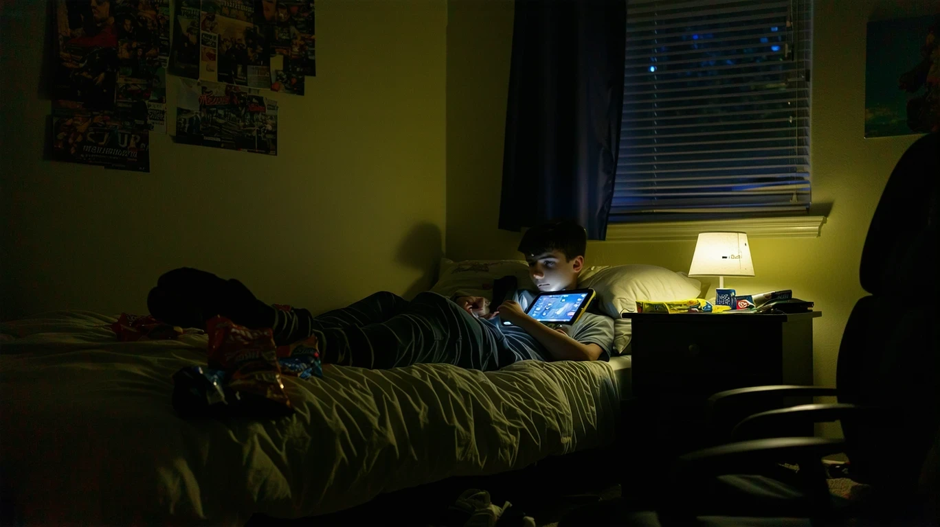 Teenage boy watching tablet in messy bedroom at night, snack wrappers on bed