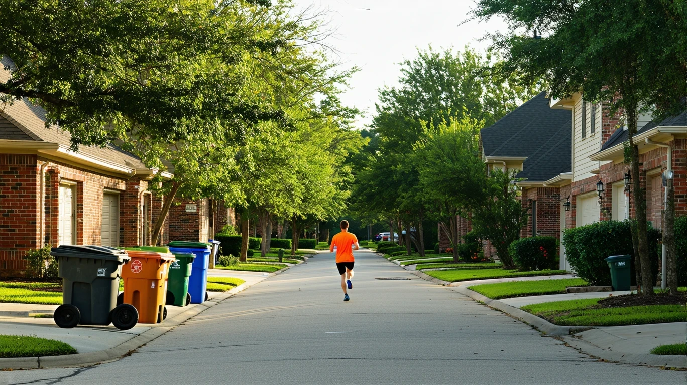 A jogger runs past red-brick homes and trash bins on a tree-lined suburban street on a sunny morning.