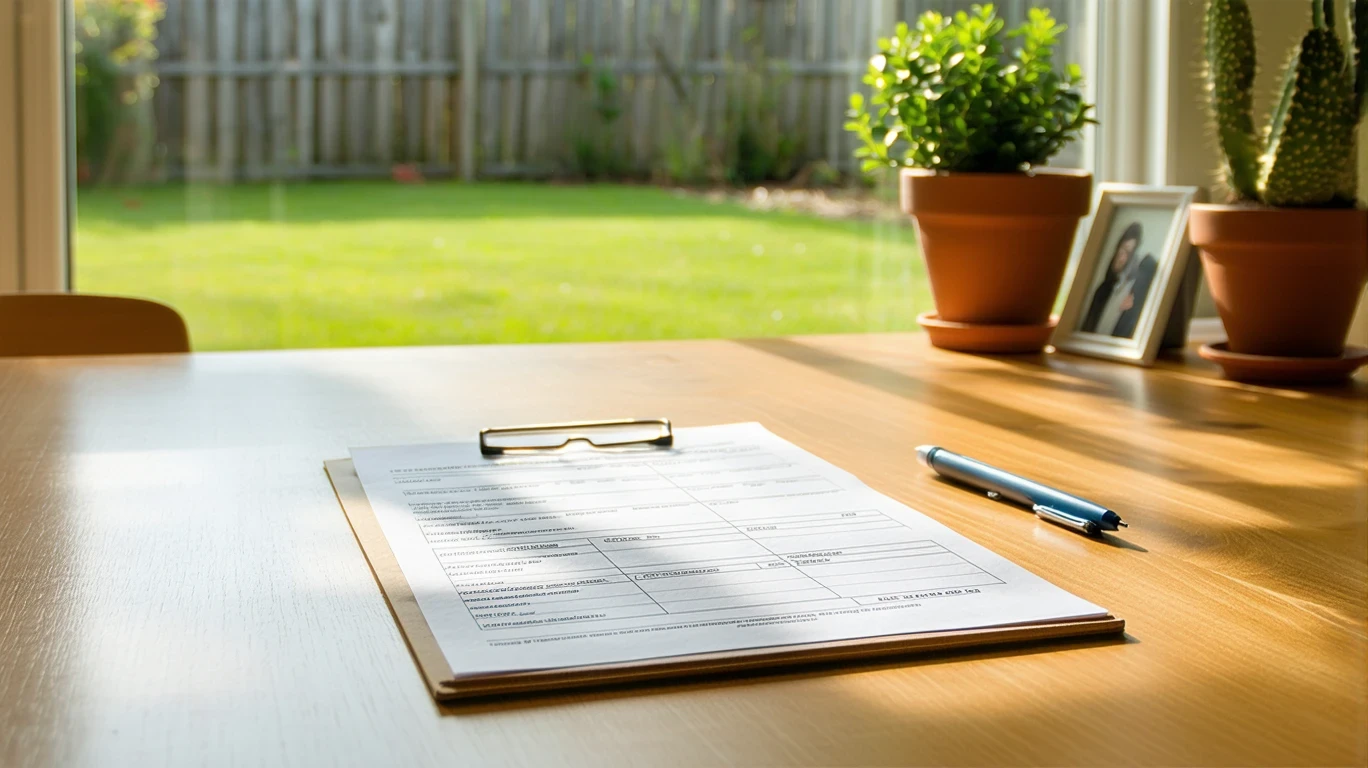 A utility bill, pen and notepad with expenses on a kitchen table, with a view of a suburban backyard.