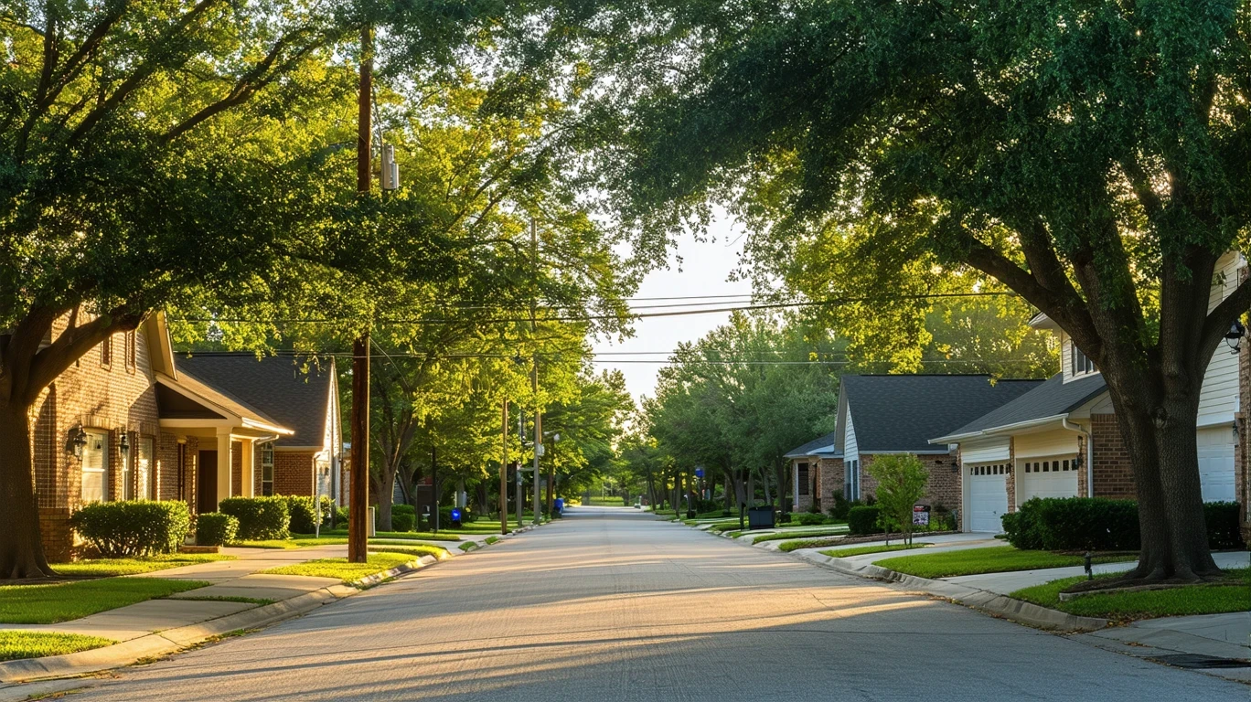 Tree-lined suburban street with sunlight filtering through maple branches and telephone wires overhead, single-family homes in the distance.