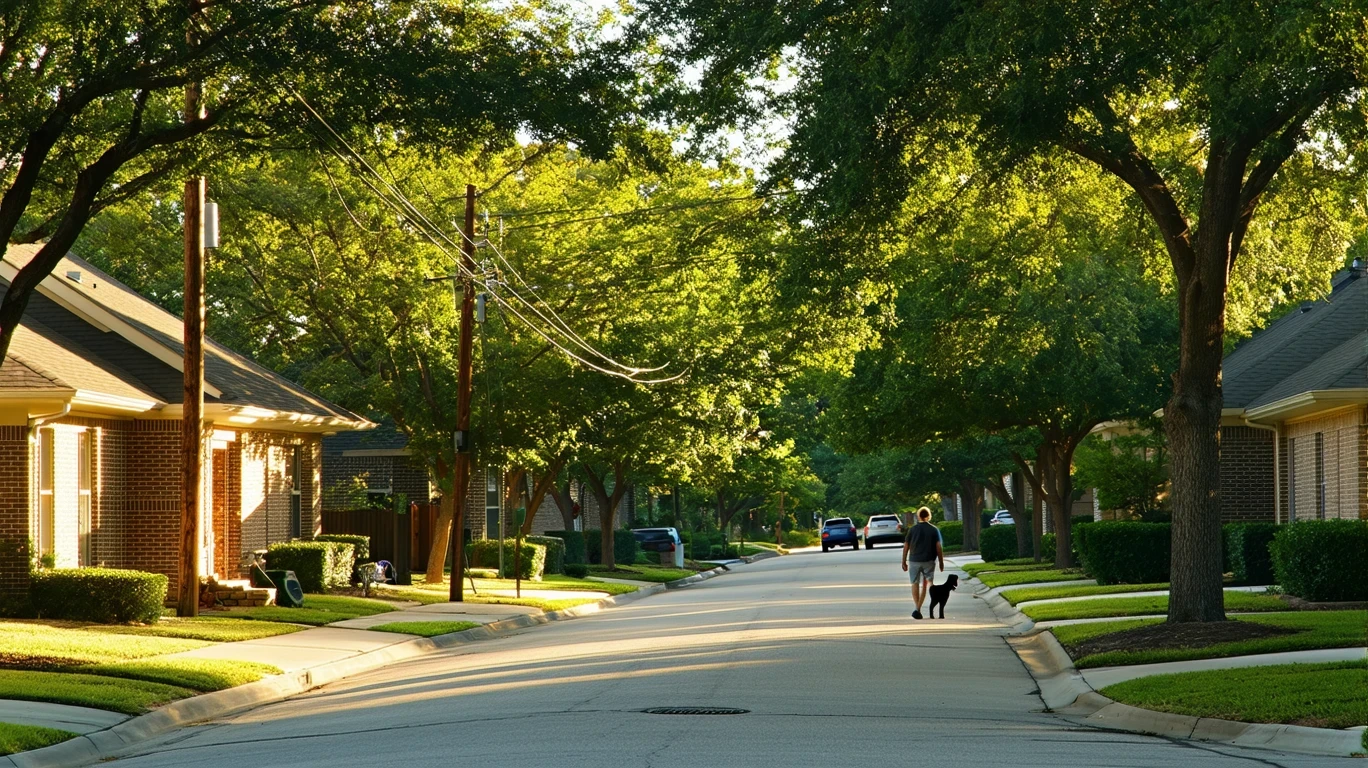 A tree-lined suburban street in Flower Mound, Texas with sunlight filtering through maple leaves onto sidewalks and lawns.