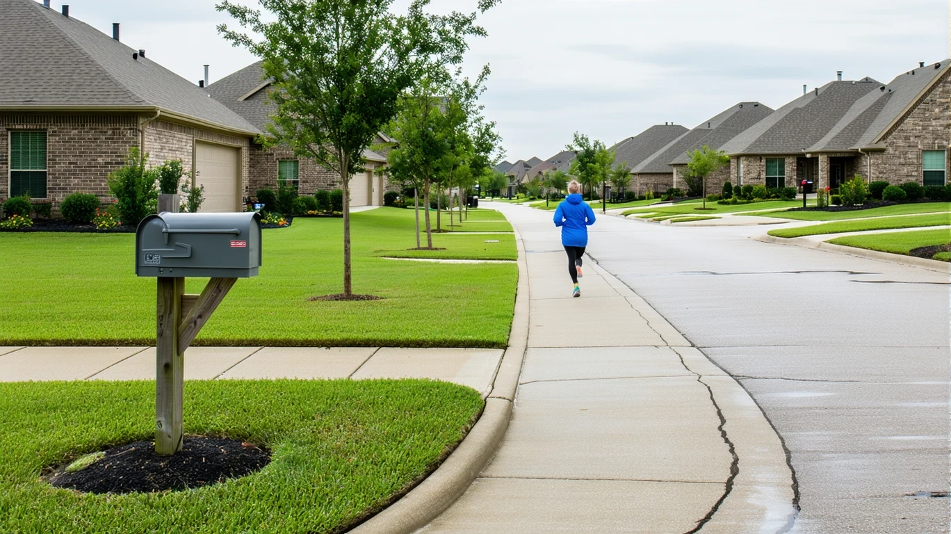 A curved sidewalk in a Flower Mound neighborhood with mailboxes and wet pavement under cloudy skies.