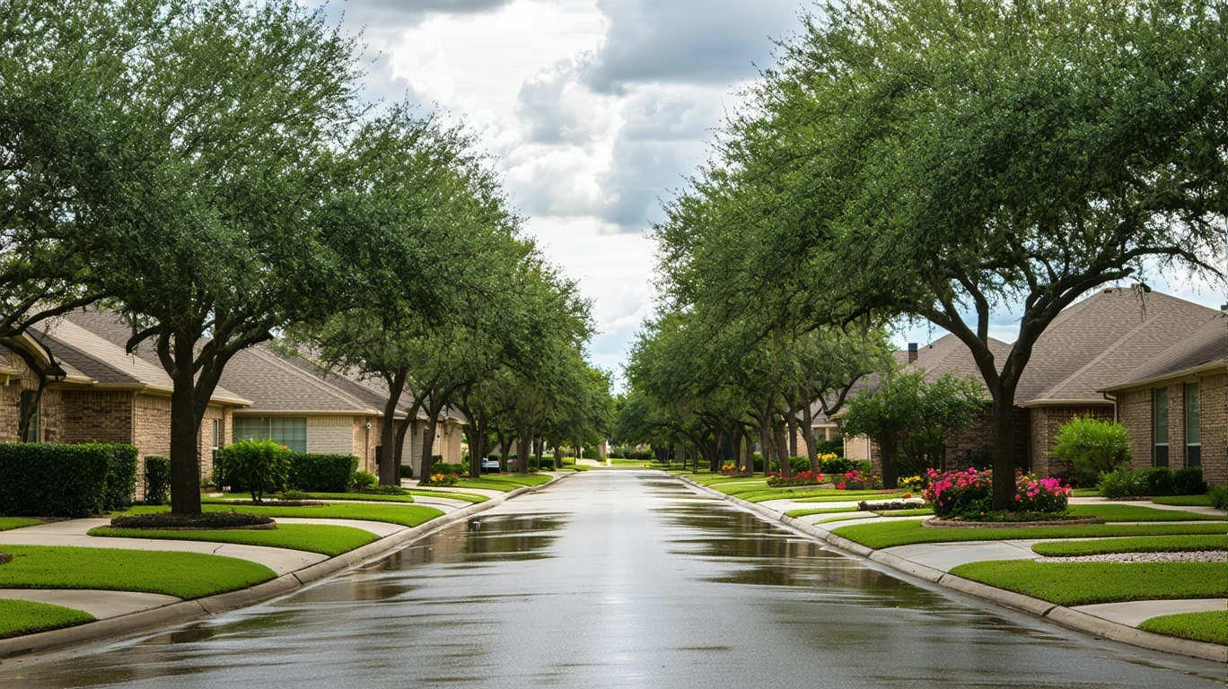 A tree-lined avenue in Grand Prairie with wet pavement and palm trees reflected in puddles.