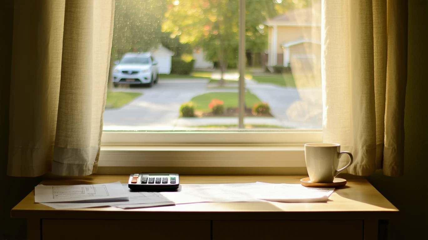 A small desk by a curtained window with bills, a calculator, and a coffee mug.